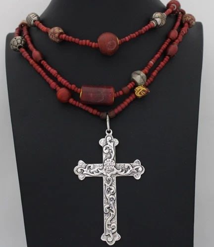 NATIVE AMERICAN STERLING SILVER THREE-STRAND CORAL 22" NECKLACE W/ CROSS PENDANT (1 of 2)