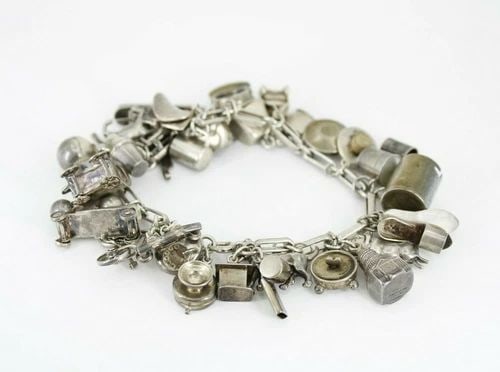 VINTAGE STERLING SILVER 30 CHARM BRACELET WESTERN COWBOY TOYS 7" ~ 58.3 GRAMS (1 of 2)