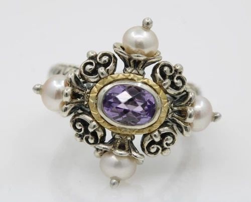 BARBARA BIXBY STERLING & 18K YELLOW GOLD CROSS AMETHYST PEARL RING SIZE 7: BARBARA BIXBY STERLING & 18K YELLOW GOLD CROSS AMETHYST PEARL RING SIZE 7 Description Barbara Bixby Sterling & 18K Yellow Gold Cross Amethyst Pearl Ring Item is in great condition. May show signs of w