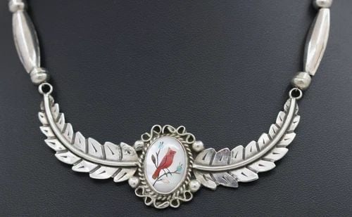 NAVAJO NILA COOK JOHNSON STERLING SILVER CORAL INLAY CARDINAL NECKLACE 15" (1 of 2)