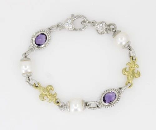 JUDITH RIPKA STERLING SILVER AMETHYST & PEARL FLEUR-DE-LIS BRACELET 7" ~ 14.3 G (1 of 2)