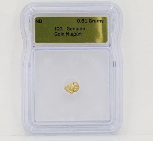 ICG GRADED CERTIFIED GENUINE NATURAL GOLD NUGGET 0.81 GRAMS SLABBED: ICG GRADED CERTIFIED GENUINE NATURAL GOLD NUGGET 0.81 GRAMS SLABBED Description ICG Graded Certified Genuine Natural Gold Nugget 0.81 Grams Slabbed Gold nuggets is in uncirculated graded condition. Th