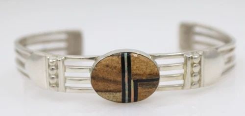 KAY YAZZIE NAVAJO STERLING SILVER INLAY GEMSTONE CUFF BRACELET 6.5"- 19.9 GRAMS (1 of 2)