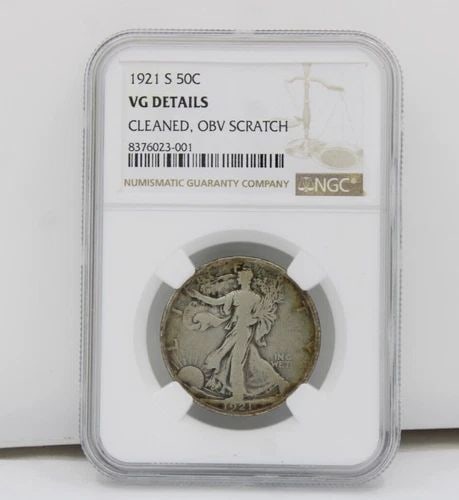1921 S 50C NGC VG DETAILS CLEANED, OBV SCRATCH WALKING LIBERTY HALF DOLLAR COIN: 1921 S 50C NGC VG DETAILS CLEANED, OBV SCRATCH WALKING LIBERTY HALF DOLLAR COIN 1921 S 50C NGC VG DETAILS CLEANED, OBV SCRATCH WALKING LIBERTY HALF DOLLAR COIN Description 1921 S 50C NGC VG Details Cl