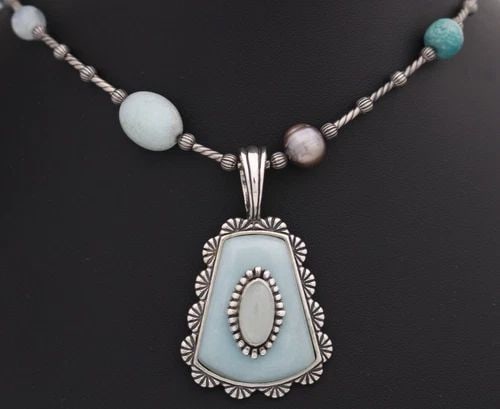 CAROLYN POLLACK STERLING SILVER RELIOS AMAZONITE MILKY AQUAMARINE NECKLACE 35": CAROLYN POLLACK STERLING SILVER RELIOS AMAZONITE MILKY AQUAMARINE NECKLACE 35" Description Carolyn Pollack Sterling Silver Relios Amazonite Milky Aquamarine Necklace 35" Pendant/necklace is in good co