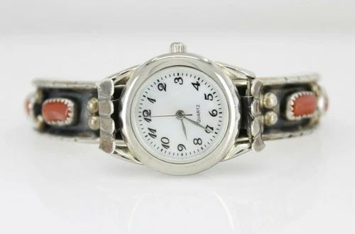 R CHARLEY NATIVE AMERICAN RED CORAL STERLING SILVER CUFF WATCH BRACELET 6.5" (1 of 2)