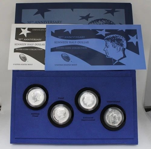 2014 50TH ANNIVERSARY KENNEDY HALF DOLLAR SILVER COIN COLLECTION-MINT BOX & COA: 2014 50TH ANNIVERSARY KENNEDY HALF DOLLAR SILVER COIN COLLECTION-MINT BOX & COA Description 2014 50th Anniversary Kennedy Half Dollar Silver Coin Collection-Mint Box & COA Coins in good condition. May