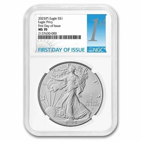 2025-(P) $1 AMERICAN SILVER EAGLE (EAGLE PRIVY) MS-70 NGC FIRST DAY OF ISSUE: 2025-(P) $1 AMERICAN SILVER EAGLE (EAGLE PRIVY) MS-70 NGC FIRST DAY OF ISSUE Description 2025-(P) $1 American Silver Eagle (Eagle Privy) MS-70 NGC First Day of Issue Product Details The 2025 Eagle Pri