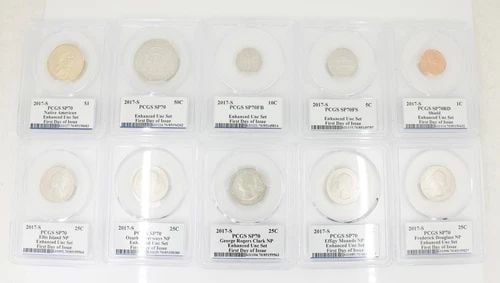 2017 S 225TH ANNIVERSARY ENHANCED PCGS SP70 FIRST DAY ANA RELEASE 10 COIN SET: 2017 S 225TH ANNIVERSARY ENHANCED PCGS SP70 FIRST DAY ANA RELEASE 10 COIN SET Description 2017 S 225TH ANNIVERSARY ENHANCED PCGS SP70 FIRST DAY ANA RELEASE 10 COIN SET The coin set is in great conditi
