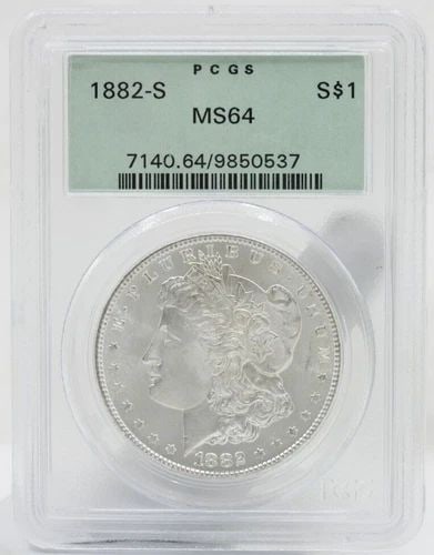 1882 S MORGAN SILVER DOLLAR $1 PCGS MS64 OLD GREEN HOLDER: 1882 S MORGAN SILVER DOLLAR $1 PCGS MS64 OLD GREEN HOLDER Description 1882 S Morgan Silver Dollar $1 PCGS MS64 Old Green Holder Coins has been graded as a MS-64 by NGC. The protective plastic holder m