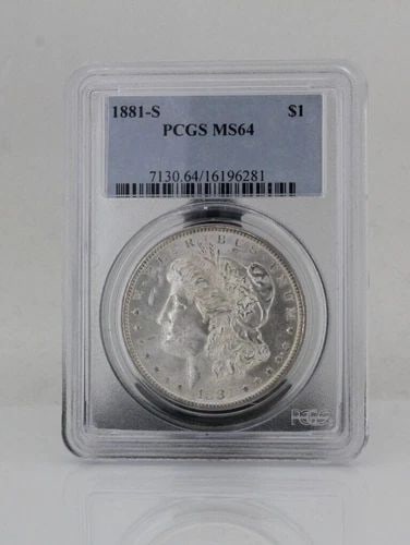 1881-S $1 MORGAN SILVER DOLLAR PCGS MS64: 1881-S $1 MORGAN SILVER DOLLAR PCGS MS64 1881-S $1 MORGAN SILVER DOLLAR PCGS MS64 Description 1881-S $1 Morgan Silver Dollar PCGS MS64 Coin is in great condition. Plastic holder may show signs of wear