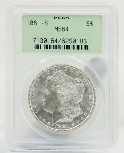 1881 S MORGAN SILVER DOLLAR $1 PCGS MS64 OGH: 1881 S MORGAN SILVER DOLLAR $1 PCGS MS64 OGH Description 1881 S Morgan Silver Dollar $1 PCGS MS64 OGH Coins has been graded as a MS-64 by NGC. The protective plastic holder may show signs of shelf wea