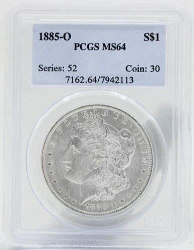 1885 O MORGAN SILVER DOLLAR $1 PCGS MS64: 1885 O MORGAN SILVER DOLLAR $1 PCGS MS64 1885 O MORGAN SILVER DOLLAR $1 PCGS MS64 Description 1885 O Morgan Silver Dollar $1 PCGS MS64 Coins has been graded as a MS-64 by NGC. The protective plastic h