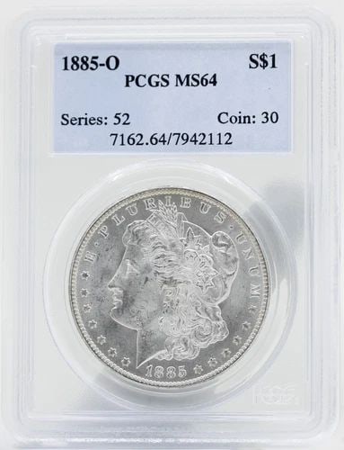 1885 O MORGAN SILVER DOLLAR $1 PCGS MS64: 1885 O MORGAN SILVER DOLLAR $1 PCGS MS64 1885 O MORGAN SILVER DOLLAR $1 PCGS MS64 Description 1885 O Morgan Silver Dollar $1 PCGS MS64 Coins has been graded as a MS-64 by NGC. The protective plastic h