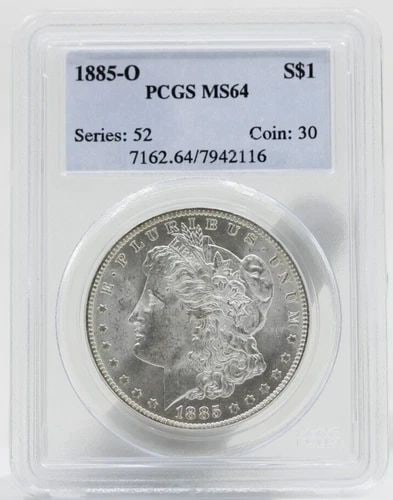 1885 O MORGAN SILVER DOLLAR $1 PCGS MS64: 1885 O MORGAN SILVER DOLLAR $1 PCGS MS64 1885 O MORGAN SILVER DOLLAR $1 PCGS MS64 Description 1885 O Morgan Silver Dollar $1 PCGS MS64 Coins has been graded as a MS-64 by NGC. The protective plastic h