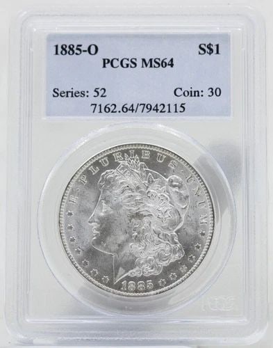 1885 O MORGAN SILVER DOLLAR $1 PCGS MS64: 1885 O MORGAN SILVER DOLLAR $1 PCGS MS64 1885 O MORGAN SILVER DOLLAR $1 PCGS MS64 Description 1885 O Morgan Silver Dollar $1 PCGS MS64 Coins has been graded as a MS-64 by NGC. The protective plastic h