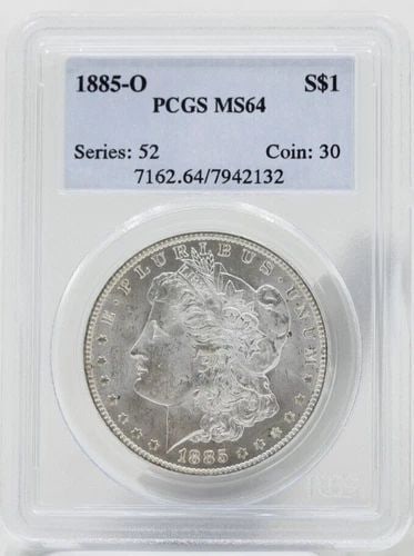 1885 O MORGAN SILVER DOLLAR $1 PCGS MS64: 1885 O MORGAN SILVER DOLLAR $1 PCGS MS64 1885 O MORGAN SILVER DOLLAR $1 PCGS MS64 Description 1885 O Morgan Silver Dollar $1 PCGS MS64 Coins has been graded as a MS-64 by NGC. The protective plastic h