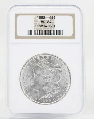 1888 P MORGAN SILVER DOLLAR NGC MS-64 OLD NGC HOLDER: 1888 P MORGAN SILVER DOLLAR NGC MS-64 OLD NGC HOLDER Description 1888 P Morgan Silver Dollar NGC MS-64 Old NGC Holder Coins has been graded as a MS-64 by NGC. The protective plastic holder may show si