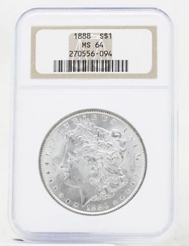 1888 P MORGAN SILVER DOLLAR NGC MS-64 OLD NGC HOLDER: 1888 P MORGAN SILVER DOLLAR NGC MS-64 OLD NGC HOLDER Description 1888 P Morgan Silver Dollar NGC MS-64 Old NGC Holder Coins has been graded as a MS-64 by NGC. The protective plastic holder may show si