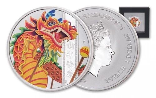 2019 TUVALU $1 CHINESE NEW YEAR DRAGON 1OZ .999 FINE SILVER W/ BOX & COA: 2019 TUVALU $1 CHINESE NEW YEAR DRAGON 1OZ .999 FINE SILVER W/ BOX & COA 2019 TUVALU $1 CHINESE NEW YEAR DRAGON 1OZ .999 FINE SILVER W/ BOX & COA Description 2019 Tuvalu $1 Chinese New Year Dragon 1oz