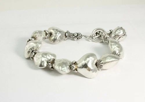 FINE SLIVER HAMMERED PUFF HEART FLOWER BANGLE TOGGLE BRACELET SZ 6 3/4" 48.6G (1 of 2)