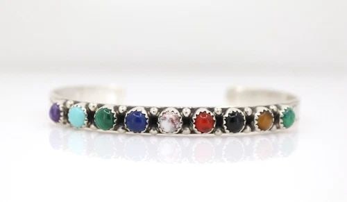 NATIVE AMERICAN NAVAJO LB STERLING SILVER MULTI GEMSTONE CUFF BRACELET 7" (1 of 2)