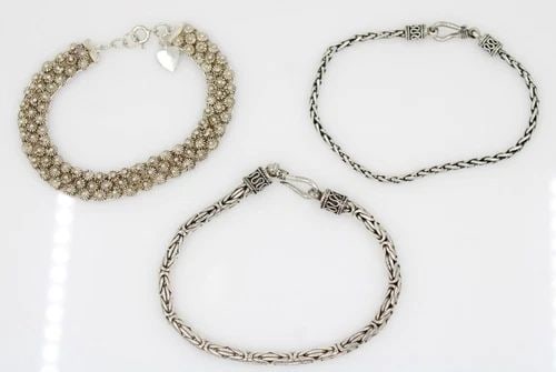 SET OF 3 STERLING SILVER 925 BALINESE & FLOWER 7" BRACELETS 42.1 GR (1 of 2)