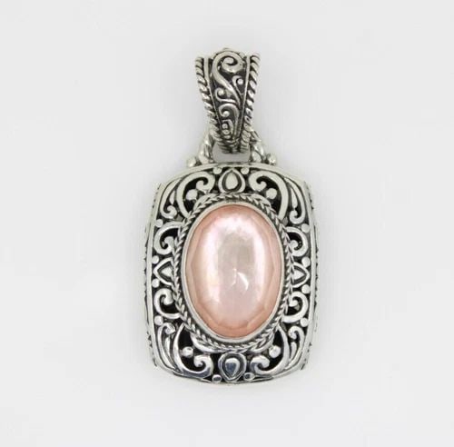 SARDA STERLING SILVER BALI FILIGREE STYLE ROSE QUARTZ RECTANGLE PENDANT ~ 2" (1 of 2)