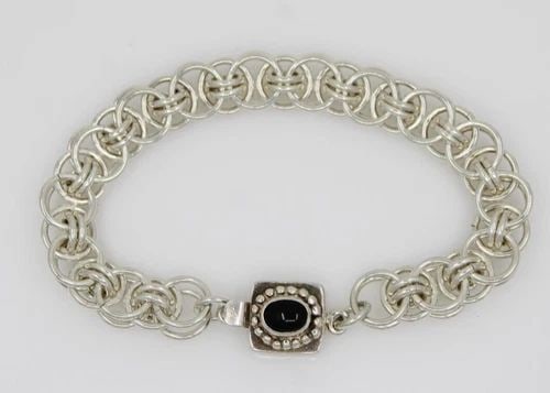 STERLING SILVER 925 BLACK ONYX DOUBLE CIRCLE LINK 7.5" BRACELET (1 of 2)