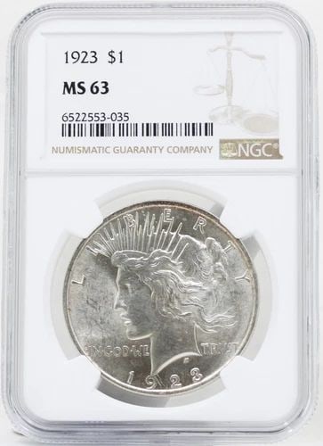 1923-P PEACE SILVER DOLLAR MS-63 NGC: 1923-P PEACE SILVER DOLLAR MS-63 NGC Description 1923-P Peace Silver Dollar MS-63 NGC Coins has been graded as a MS-63 by NGC. The protective plastic holder may show signs of shelf wear and/or tear. T