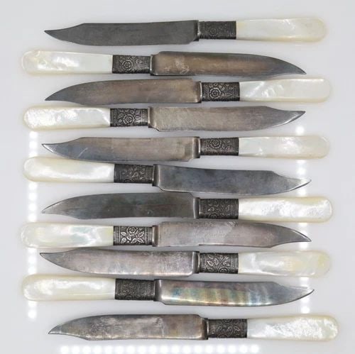 ANTIQUE MERMOD & JACCARD MOTHER OF PEARL & STERLING HANDLE KNIVES SET OF 11 (1 of 2)
