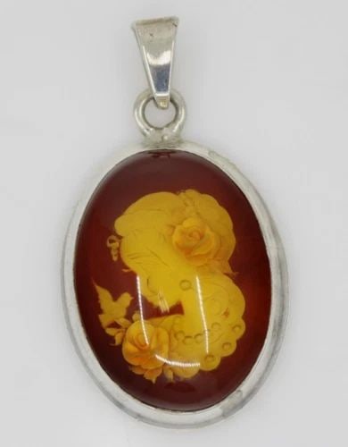 VINTAGE STERLING SILVER OVAL CARVED AMBER ROSE CAMEO PENDANT 2" ~ 13.6 GRAMS (1 of 2)
