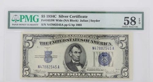 $5 1934C SILVER CERTIFICATE NOTE FR#1653W WIDE NA BLOCK PMG 58 EPQ ABOUT UNCIR (1 of 2)