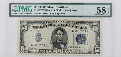 $5 1934C SILVER CERTIFICATE NOTE FR#1653W WIDE NA BLOCK PMG 58 EPQ ABOUT UNCIR (1 of 2)
