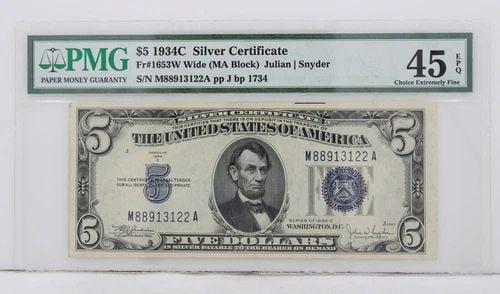 $5 1934C SILVER CERTIFICATE 45 CHOICE EXTREMELY FINE S/N M88913122A PP J BP 1734: $5 1934C SILVER CERTIFICATE 45 CHOICE EXTREMELY FINE S/N M88913122A PP J BP 1734 $5 1934C SILVER CERTIFICATE 45 CHOICE EXTREMELY FINE S/N M88913122A PP J BP 1734 Description $5 1934C Silver Certificat