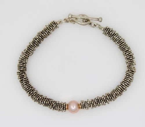 MICHAEL DAWKINS STERLING SLIVER 925 & 14K GOLD PINK PEARL GRANULATED BRACELET 7" (1 of 2)
