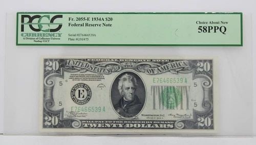 2055-E 1934A $20 FRN CHOICE ABOUT NEW 58PPQ S/N E76466539A (1 of 2)