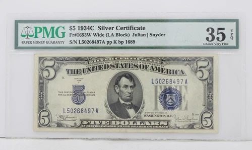 $5 1934C SILVER CERTIFICATE 35 EPQ CHOICE VERY FINE S/N L50268497A PP K BP 1689 (1 of 2)