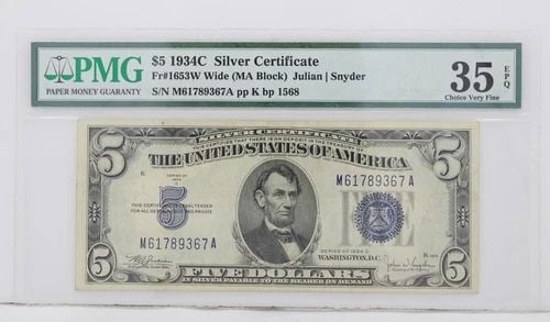 $5 1934C SILVER CERTIFICATE 35 EPQ CHOICE VERY FINE S/N M61789367A PP K BP 1568 (1 of 2)