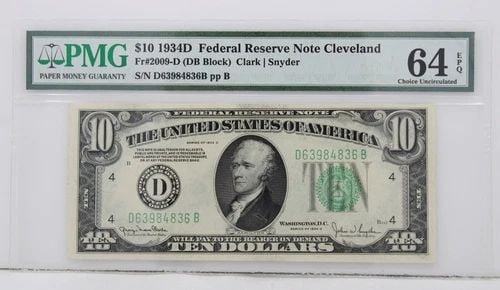$10 1934D FRNC 64 EPQ CHOICE UNCIRCULATED S/N D63984836B PP B: $10 1934D FRNC 64 EPQ CHOICE UNCIRCULATED S/N D63984836B PP B $10 1934D FRNC 64 EPQ CHOICE UNCIRCULATED S/N D63984836B PP B Description $10 1934D Federal Reserve Note Cleveland FR#2009-D DB Block PMG 