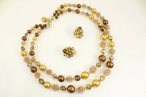 VINTAGE VENDOME BROWN GOLD MOLDED BEAD 24" NECKLACE CLIP ON EARRING SET FS!! (1 of 2)