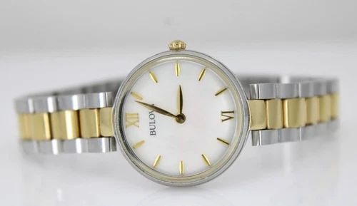 BULOVA LADIES TWO-TONE GOLD & SILVER COLOR W/ WHITE MOP DIAL QUARTZ WATCH 98L226 (1 of 2)