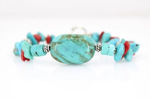 PAIGE WALLACE TURQUOISE, RED CORAL & BEAD TOGGLE 8" BRACELET (1 of 2)