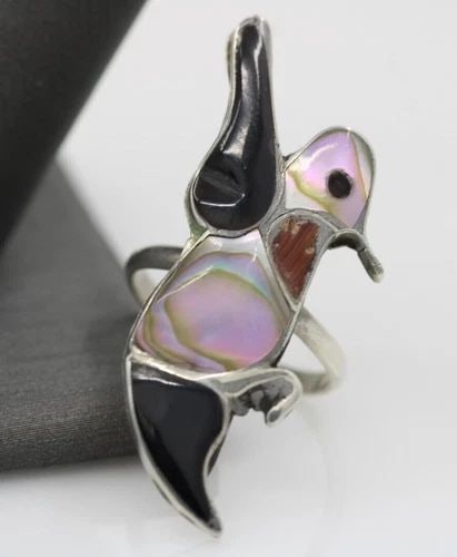 NATIVE AMERICAN C.K. LI MOTHER OF PEARL & BLACK ONYX HUMMINGBIRD RING SIZE 5.5 (1 of 2)