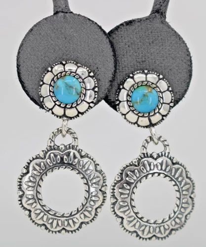 CAROLYN POLLACK STERLING SILVER ROUND TURQUOISE DOUBLE FLOWER DANGLE EARRINGS (1 of 2)