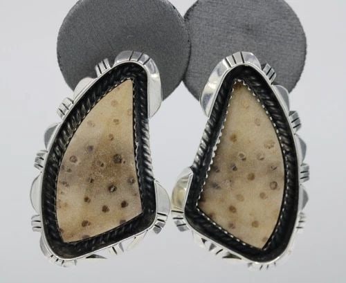 NATIVE AMERICAN STERLING SILVER & BROWN GEMSTONE STUD 1.5 " EARRINGS ~ 26.2GM (1 of 2)