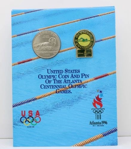 1996 S ATLANTA OLYMPICS SWIMMING BU COMMEMORATIVE HALF DOLLAR US COIN & PIN (1 of 2)