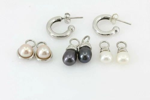 925 STERLING 0.5" ROUND HOOPS W/ 3 SETS OF PEARL ATTACHABLE DANGLERS 9 GRAMS (1 of 2)