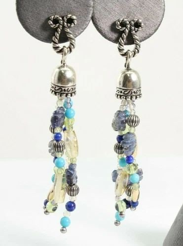 14K WHITE GOLD AND STERLING SILVER BEADED TASSEL EARRINGS TWO INCH DANGLE (1 of 2)