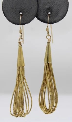 NATIVE AMERICAN LIQUID STERLING SILVER GOLD TONED 10-STRAND DANGLE EARRINGS (1 of 2)